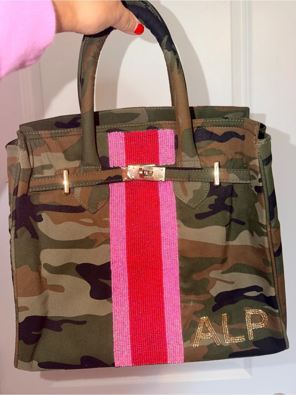 Tiana Camo Tote Bag Beaded Pink & Red Stripe “ALP” Monogram Bottom Right Corner